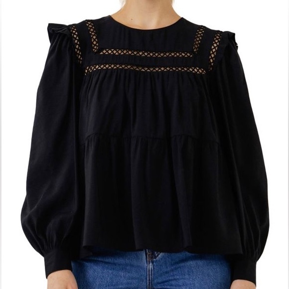 New English Factory Black Peaseant Ruffle Trim Blouse Small now in stores Saks - Picture 1 of 6